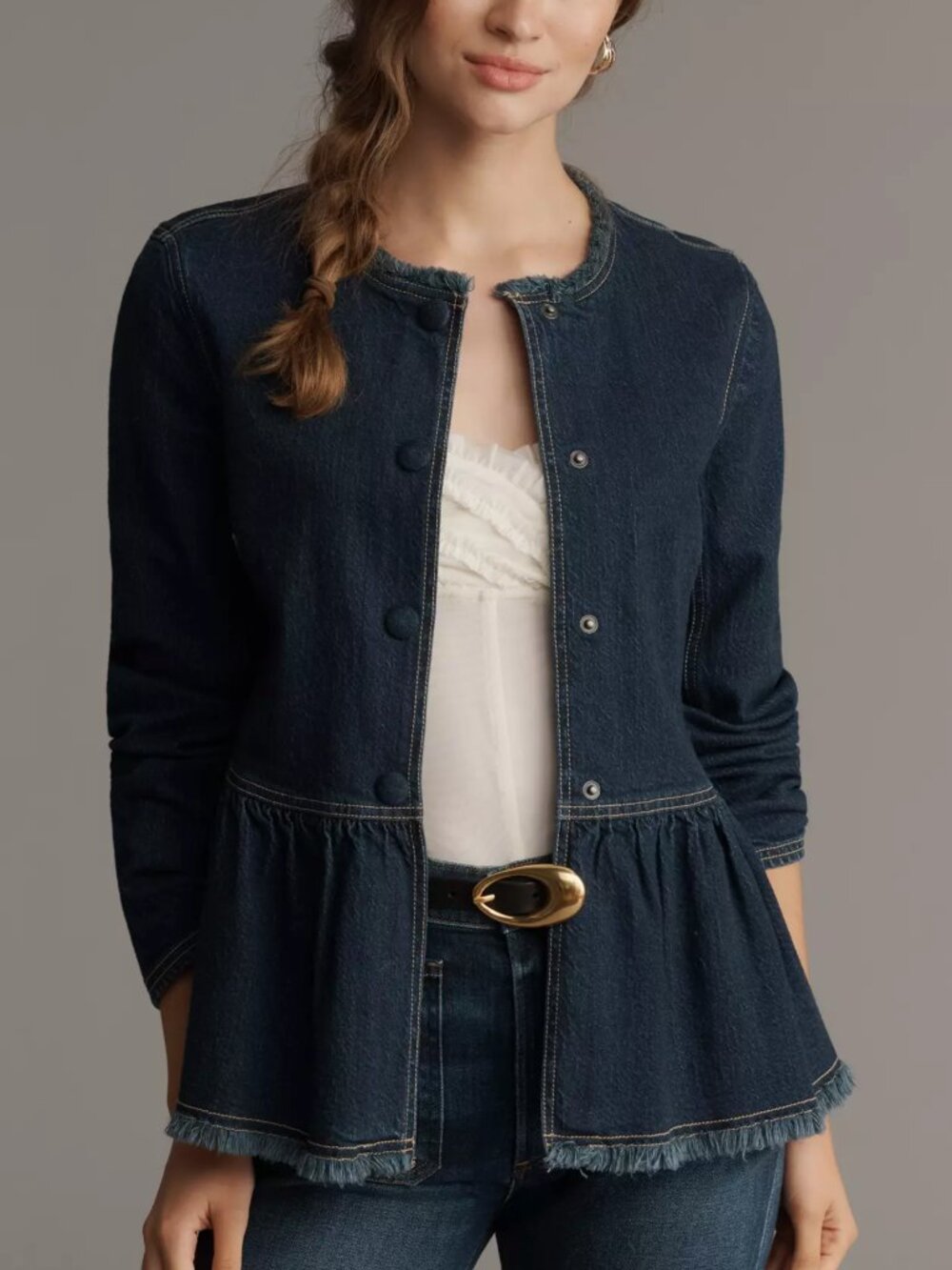 PILCRO Denim Collarless Peplum Jean Jacket Top LARGE Frayed Edges Snap Closure